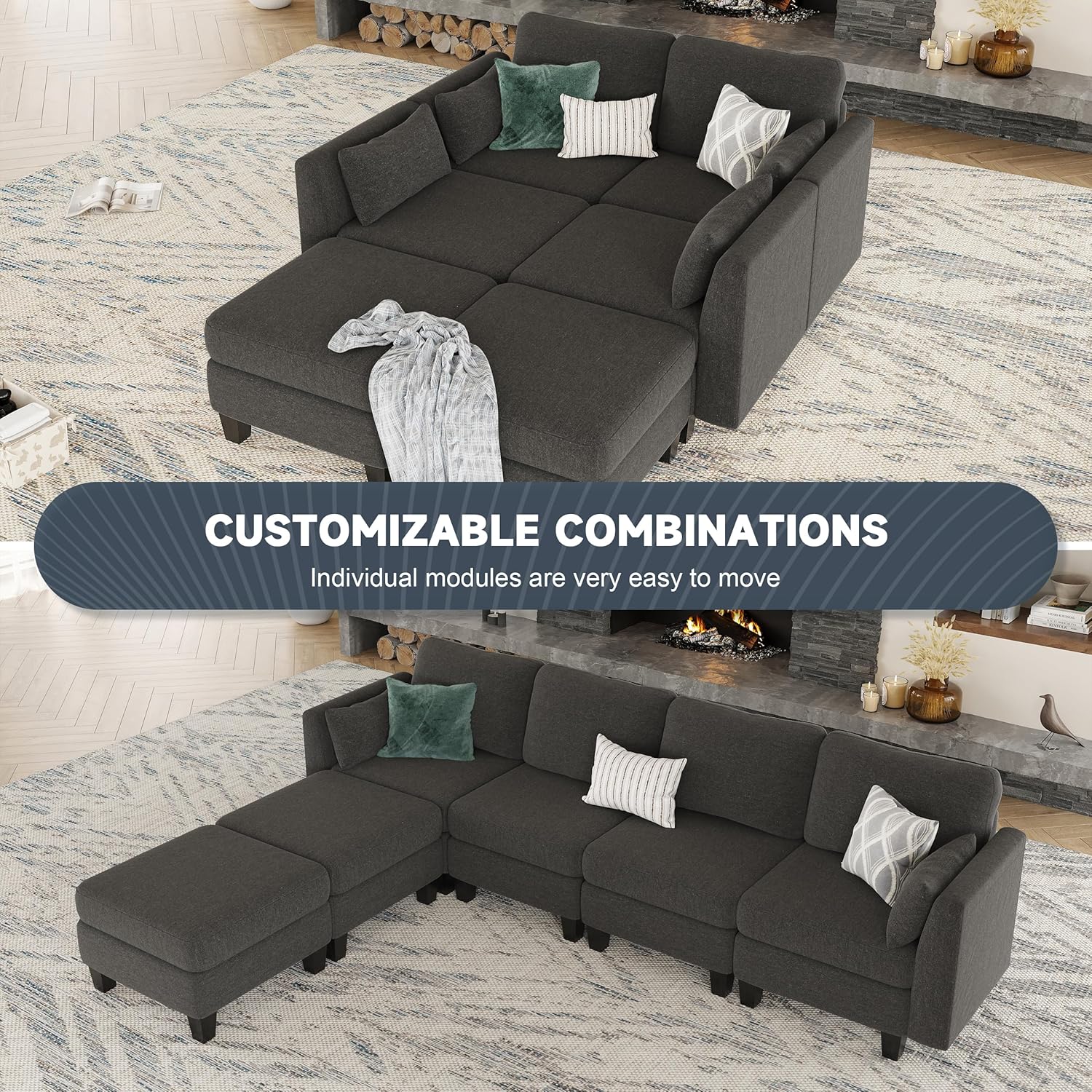 Modular Sectional Sofa, Convertible U Shaped Sofa Couch with High Density Memory Foam, 6 Seat Comfy Modular Sofa Couch for Living Room, Modern U Shaped Sectional Sofa, Dimgrey
