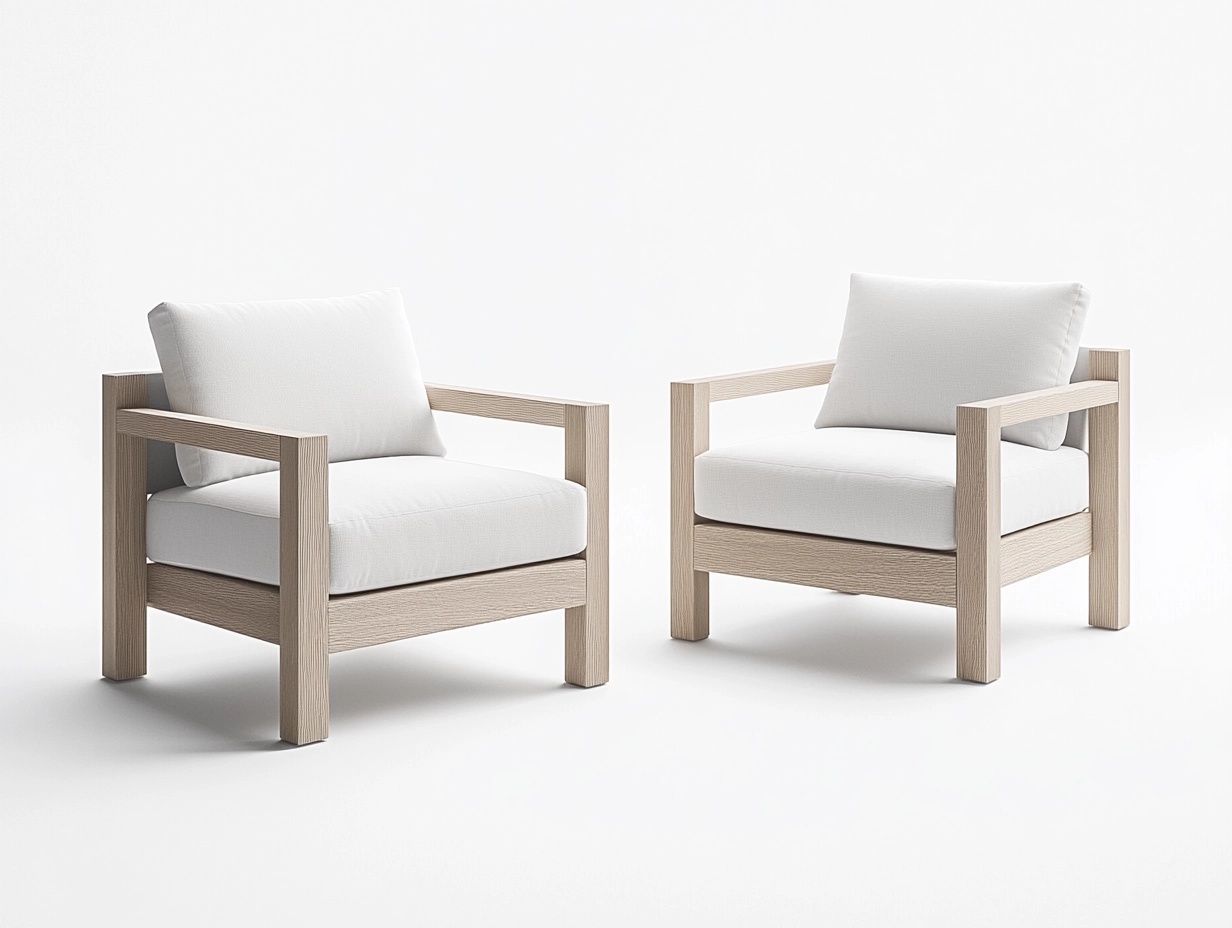 Set de 2 Sillones Modernos de Madera Clara con Cojines Blancos