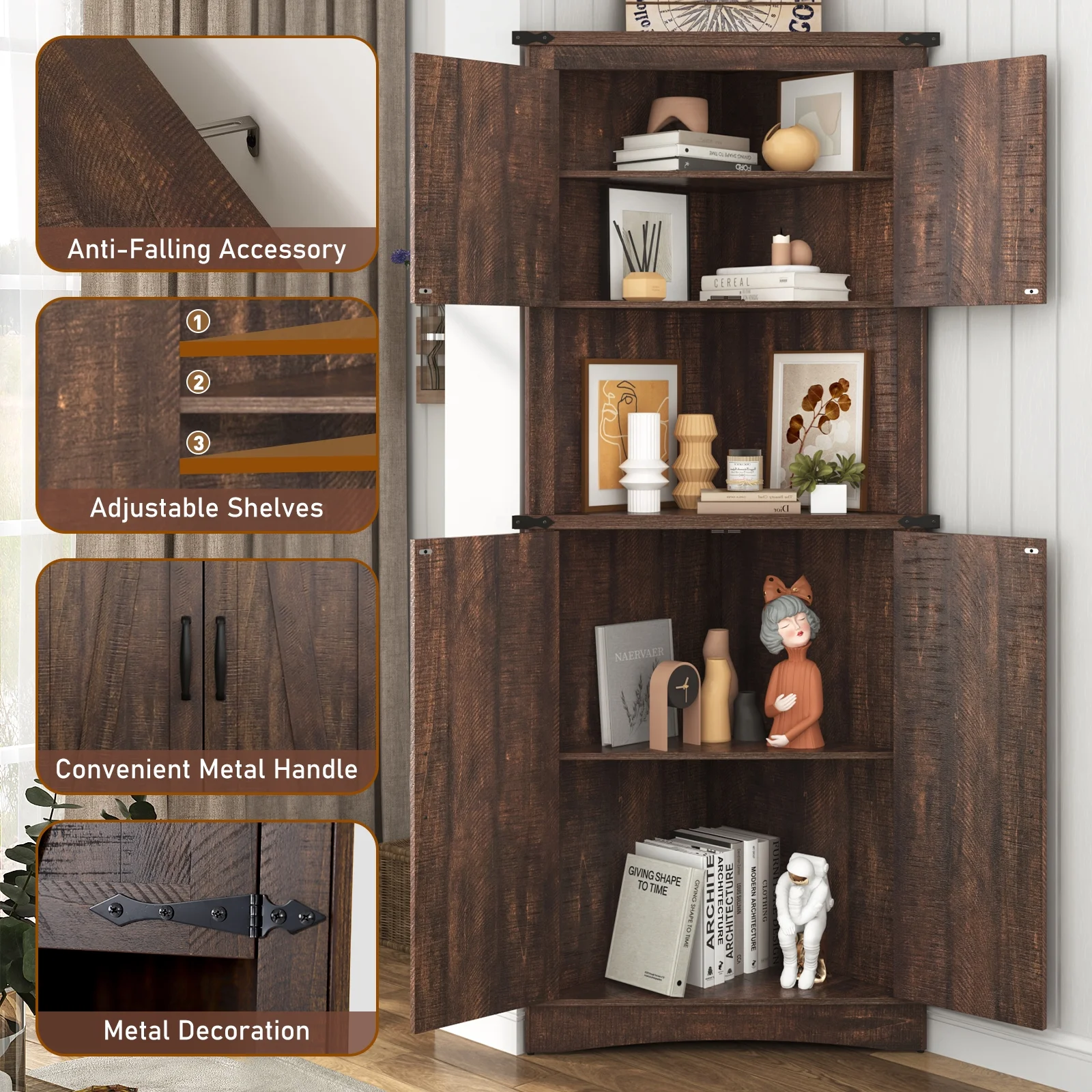 Blotout 68" Tall Farmhouse Corner Cabinet with 4 Doors, 28.3" W Barn Door Storage Cabinet with Adjustable Shelves, 5 Tier Corner Storage Cabinet for Bathroom,Living Room,Kitchen - Image 21