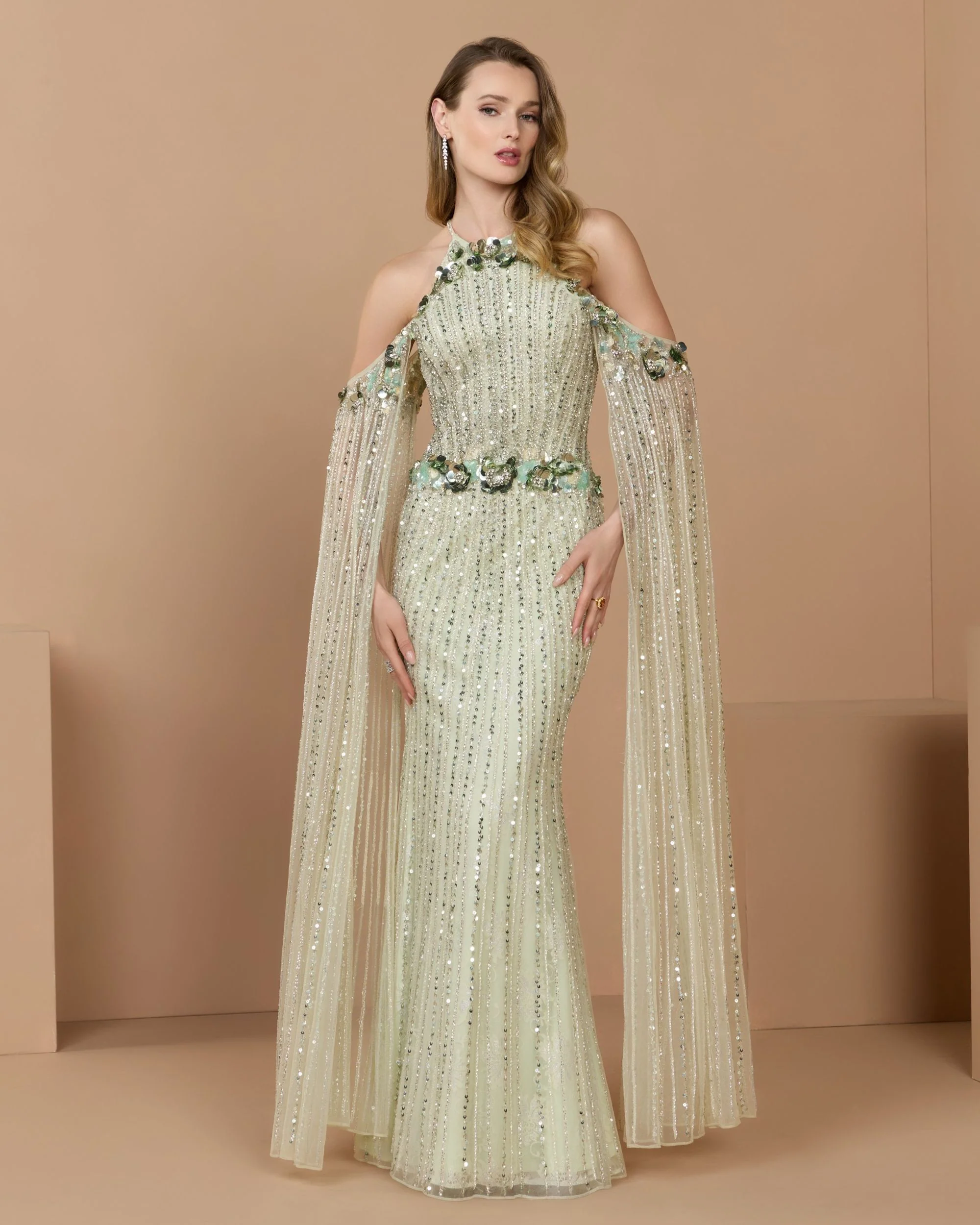Green Embellished Column Gown With Cape Sleeves - Special Events Unlimited