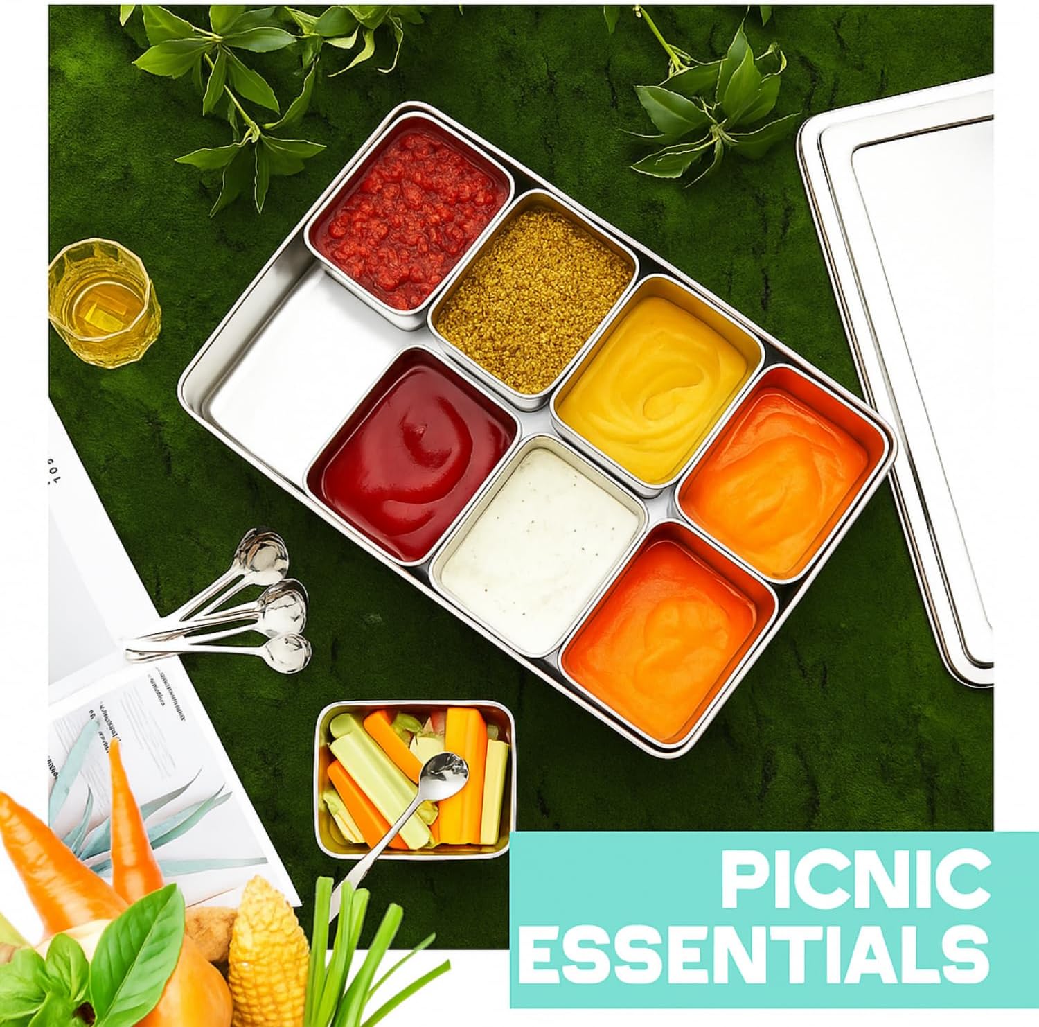 Boao 8 Compartment 304 Yakumi Pans Stainless Steel Mise En Place Japanese Yakumi Tins Seasoning Condiment Container with Lids Spoons for Food Meal Prep Organizer for Kitchen Salad Spices Herbs, Masala