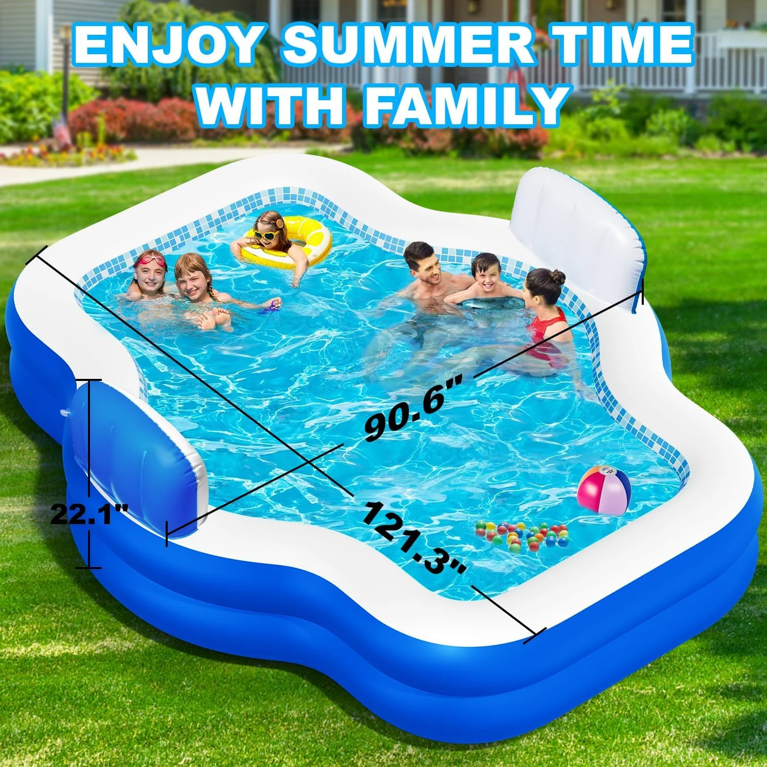 Large Inflatable Swimming Pool for Kids Adults, 121" X 90" X 22" Oversized Thickened Kiddie Pools Family Blow-Up Pool with Pump Seat, Inflatable Pools for Garden, Backyard, Indoor Outdoor Water Party - Image 3