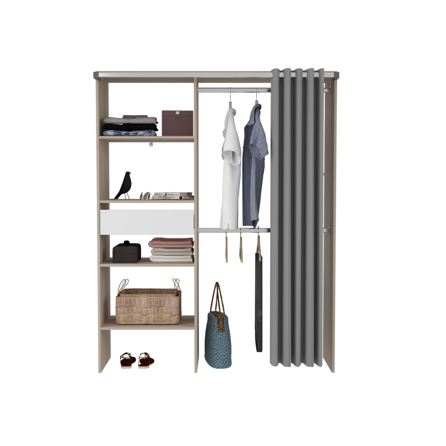 Armario vestidor con cortina, 4 estantes, 2 barras y 1 cajón – madera y blanco kn5937z4