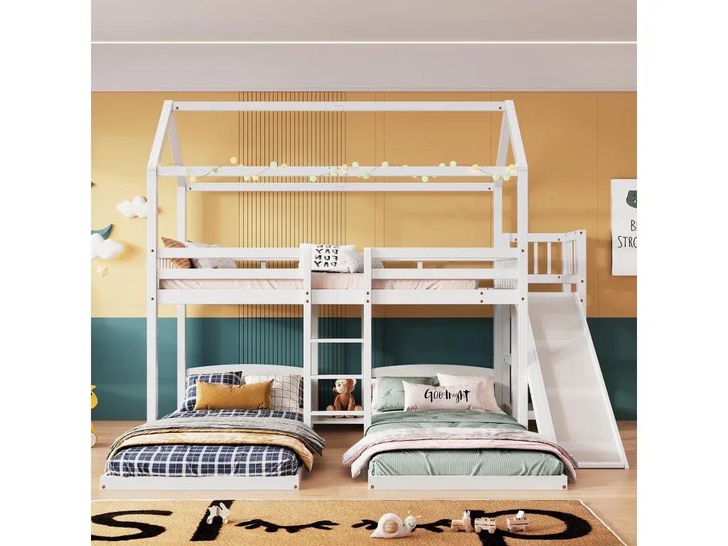 Litera infantil 90x200 cm 3 plazas con tobogán escalera y estantes abiertos - blanco UOJM21270