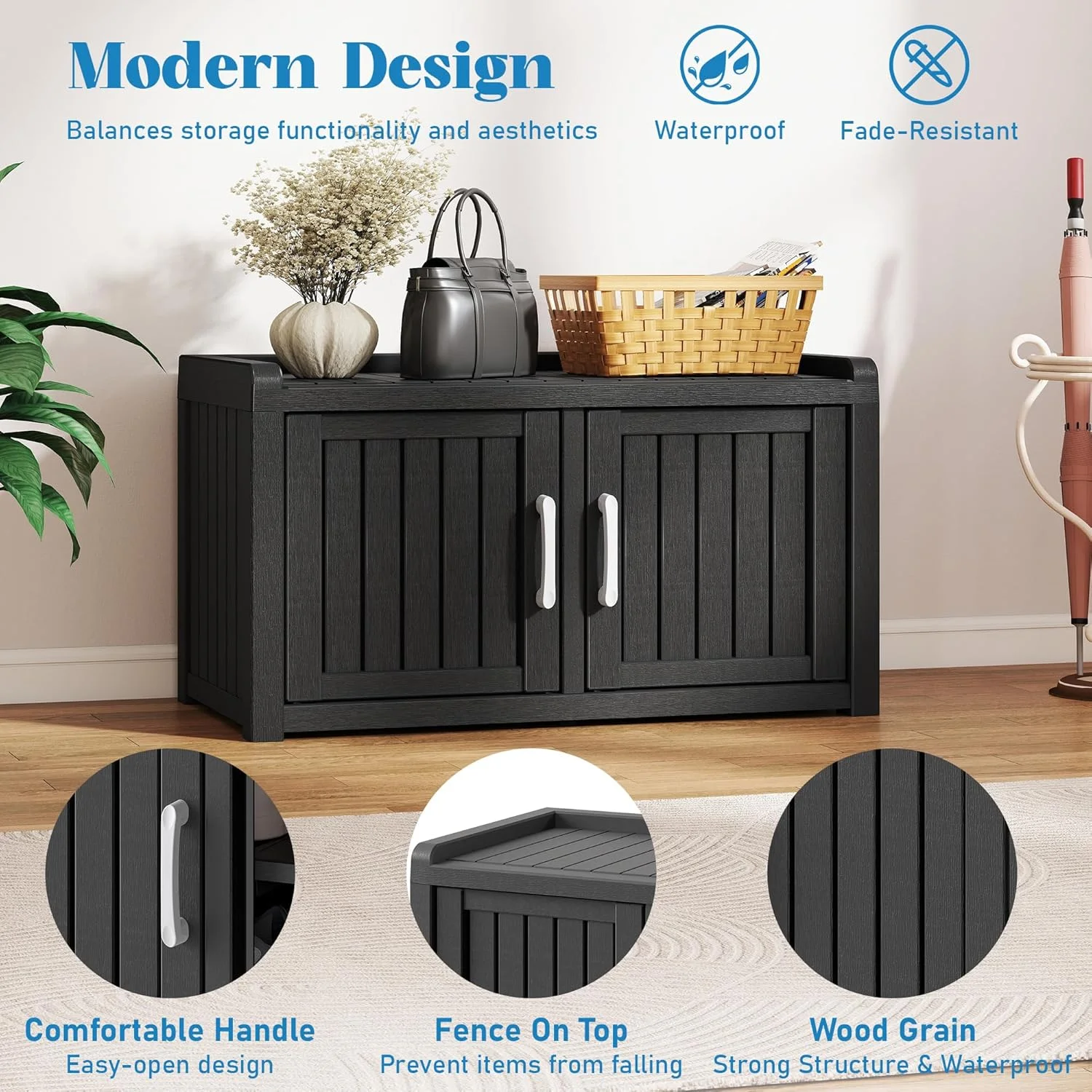 KAMABOKO Outdoor Shoe Storage Cabinet, Waterproof UV-Resistant Entryway Storage Bench Indoor Outdoor with 2 Barn Doors, Adjustable Shelves for Entryway, Bedroom, Hallway,Living Room(Black) - Image 5