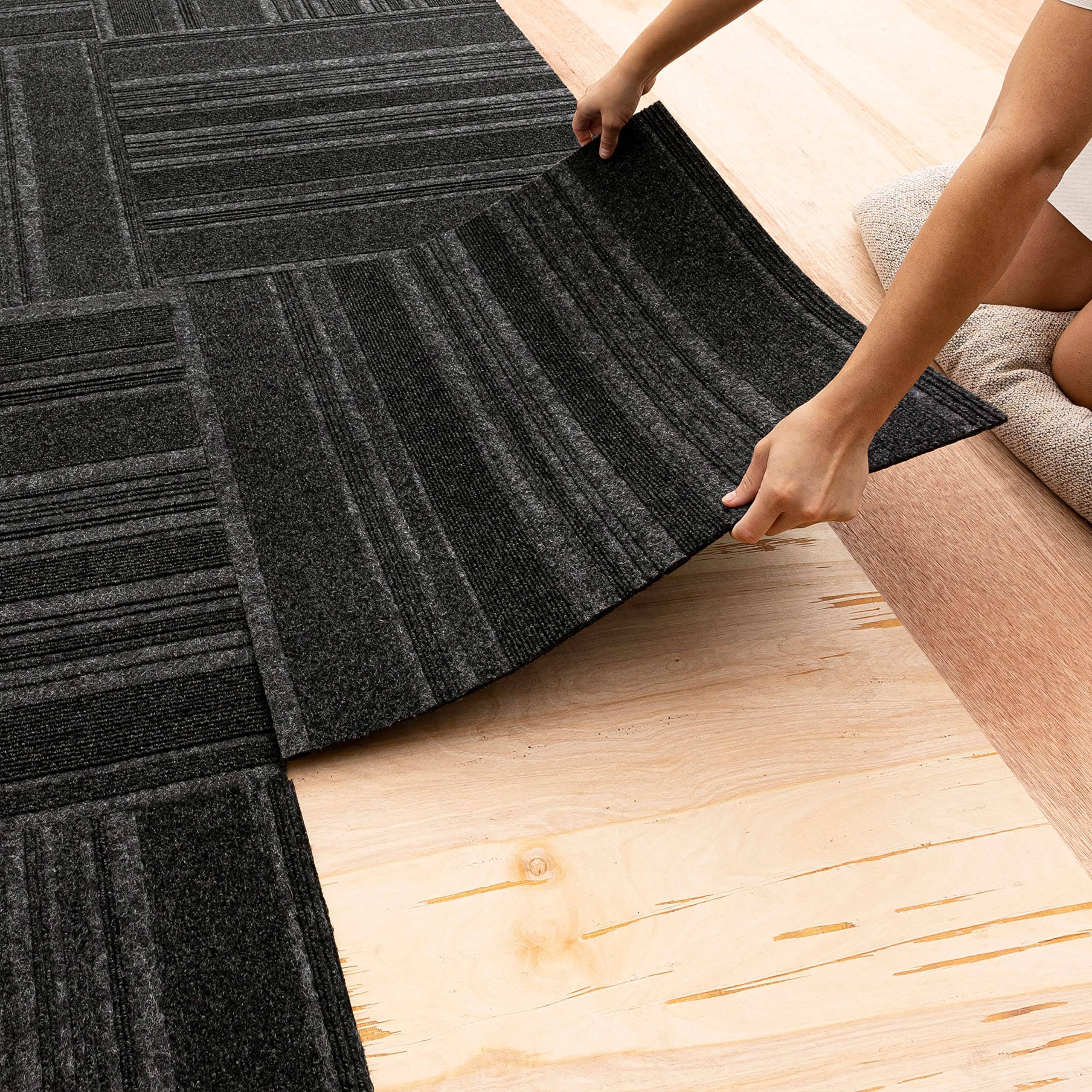 Mohawk Home 24" x 24" Indoor/Outdoor 0.25" Pile Height, Peel and Stick Carpet Tile, Black POLYESTER, (15 Tiles) (60 sqft/box)(Black)
