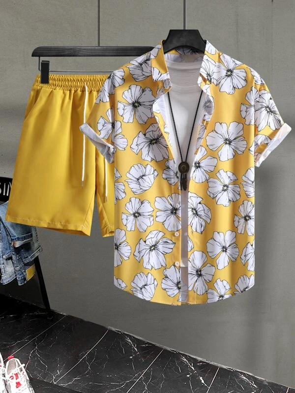 Suitmens Men's Hawaiian Print Short Sleeve Shirt Set 020