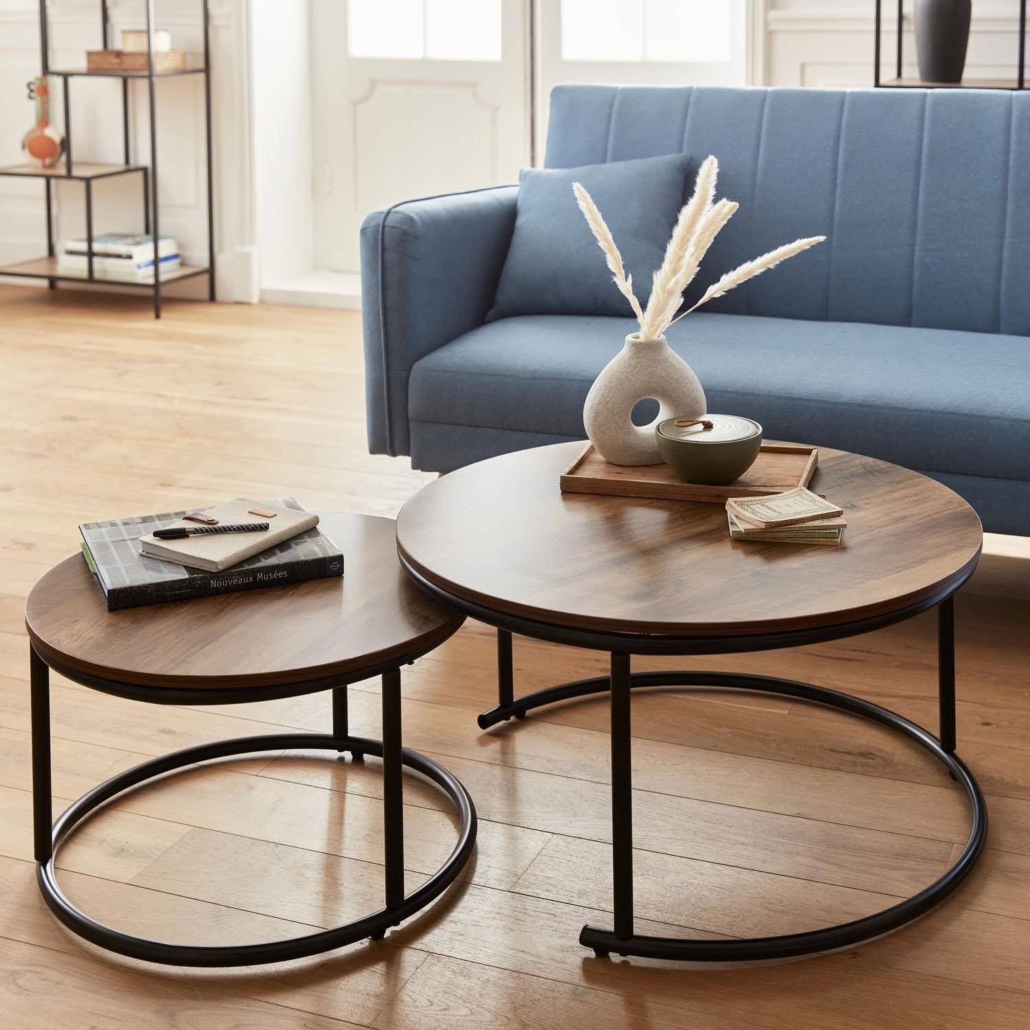 Loft - Mesa redonda nido con efecto madera, set de 2