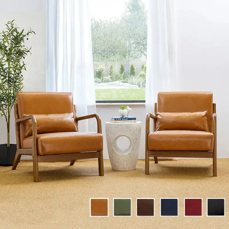 Glitzhome Set of 2 Mid-Century Modern PU Leather Accent Chairs - 30.75H with Cushions (25.75W x 33.75D)