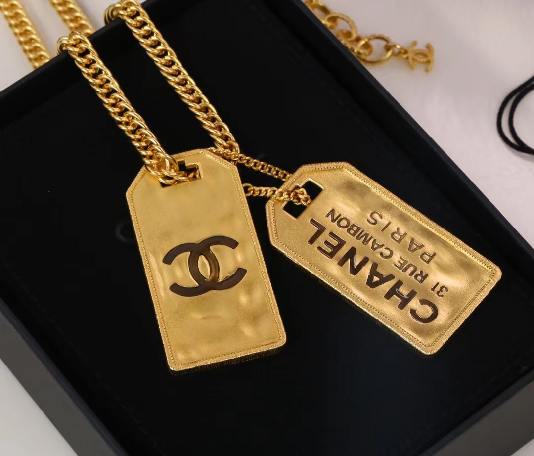 Chanel Unisex Thick Cuban Chain Rectangle Tag Pendant Necklace - Original Replica Club