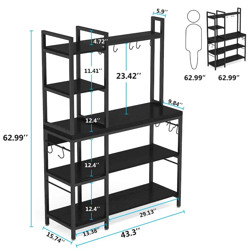 43-Inch Kitchen Bakers Rack with Microwave Stand - 5-Tier Utility Storage Shelf and 10 Hooks for Kitchen and Living Room