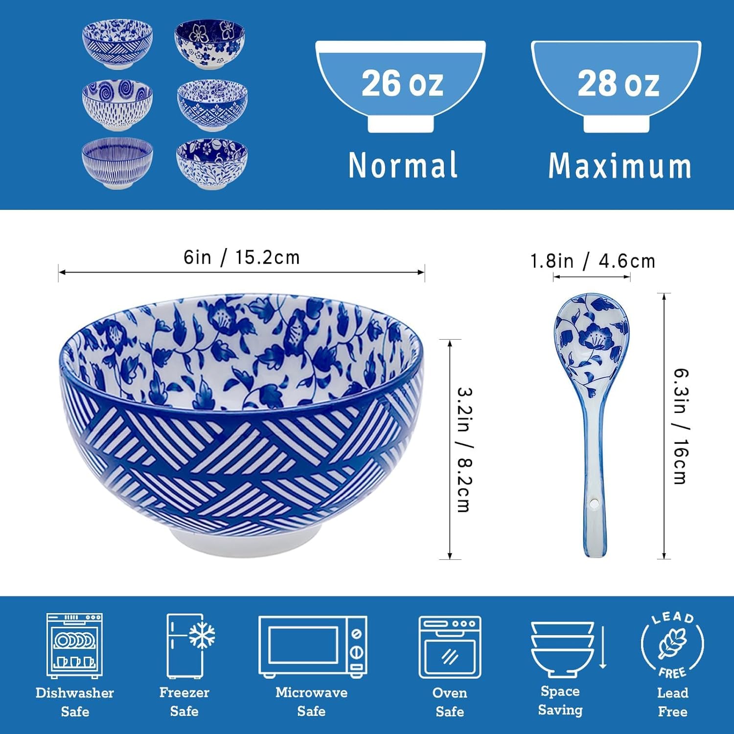 Japanese Ceramic Bowls Set of 6, 28 Oz Large Asian Porcelain Ramen Soup Salad Cereal Noodle Bowl with 6 Spoons, Deep Bowl for Kitchen Decor and Housewarming Gift, Dishwasher & Microwave Safe