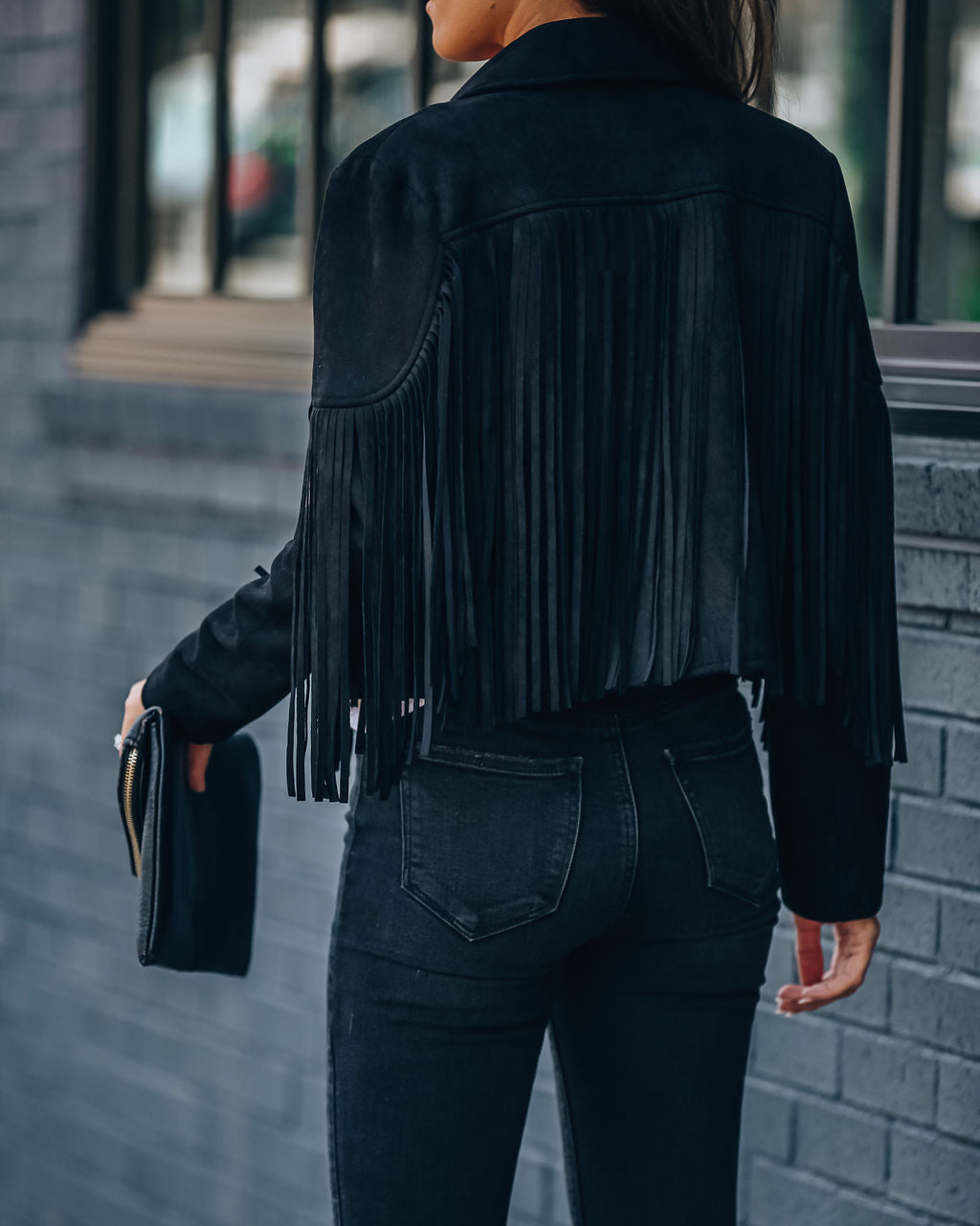 Walford Cropped Fringe Faux Suede Jacket - Black - Se7enfashion