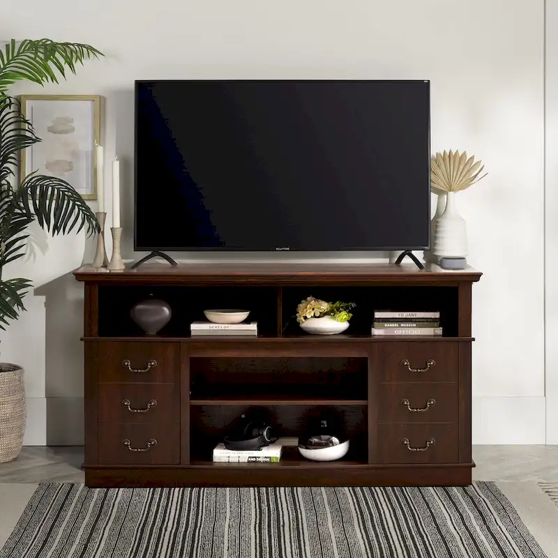 60-Inch Retro TV Stand Entertainment Center with 2 Cabinets and Open Shelves - Dimensions: 60W x 15.75D x 34.25H
