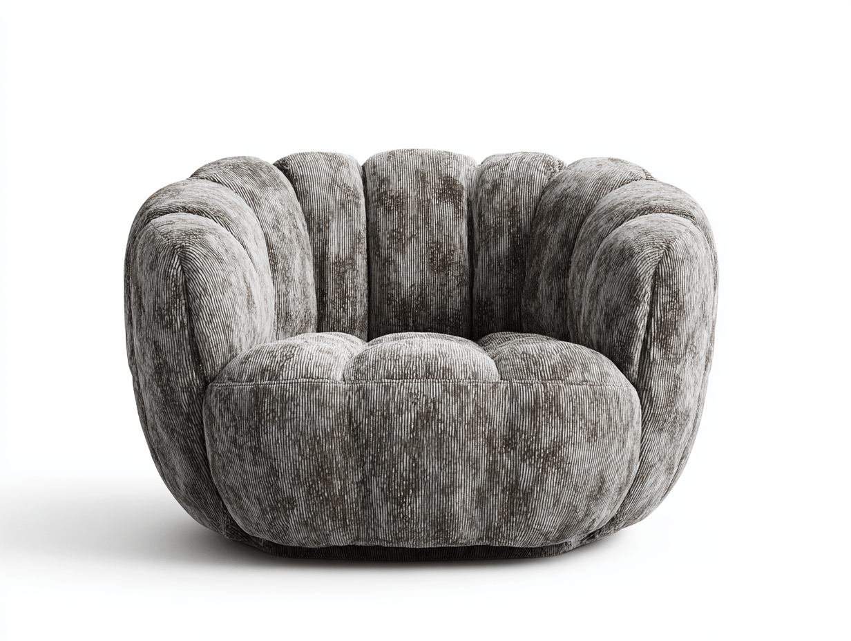 Sillón tapizado en pana gris 120×92 cm – diseño envolvente tipo pétalo – base oculta