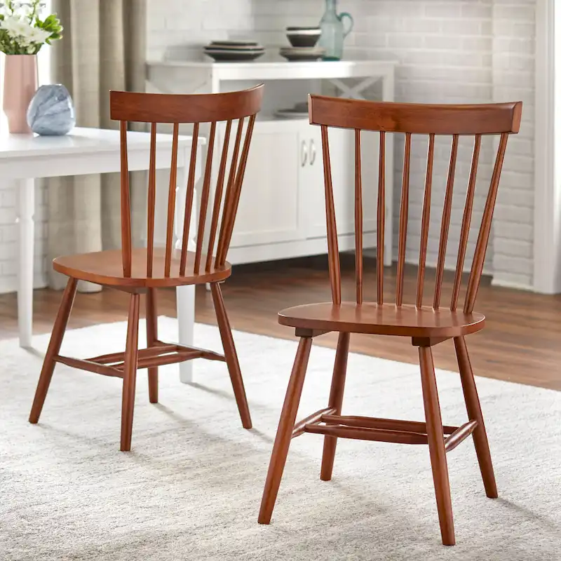 Set of 2 Spindle Back Dining Chairs Solid Rubberwood Farmhouse Style