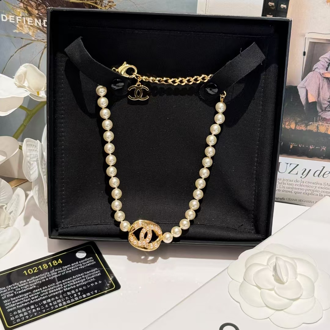 Chanel Round Double C Pendant Pearl Choker Necklace - Original Replica Club
