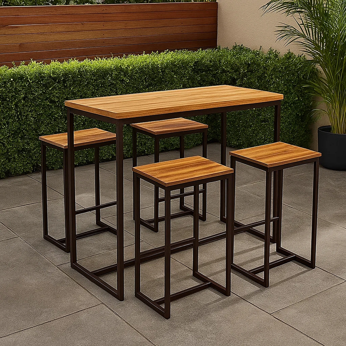 Conjunto de bar para jardín 5 pzas madera sintética y metal marrón – mesa alta y 4 taburetes