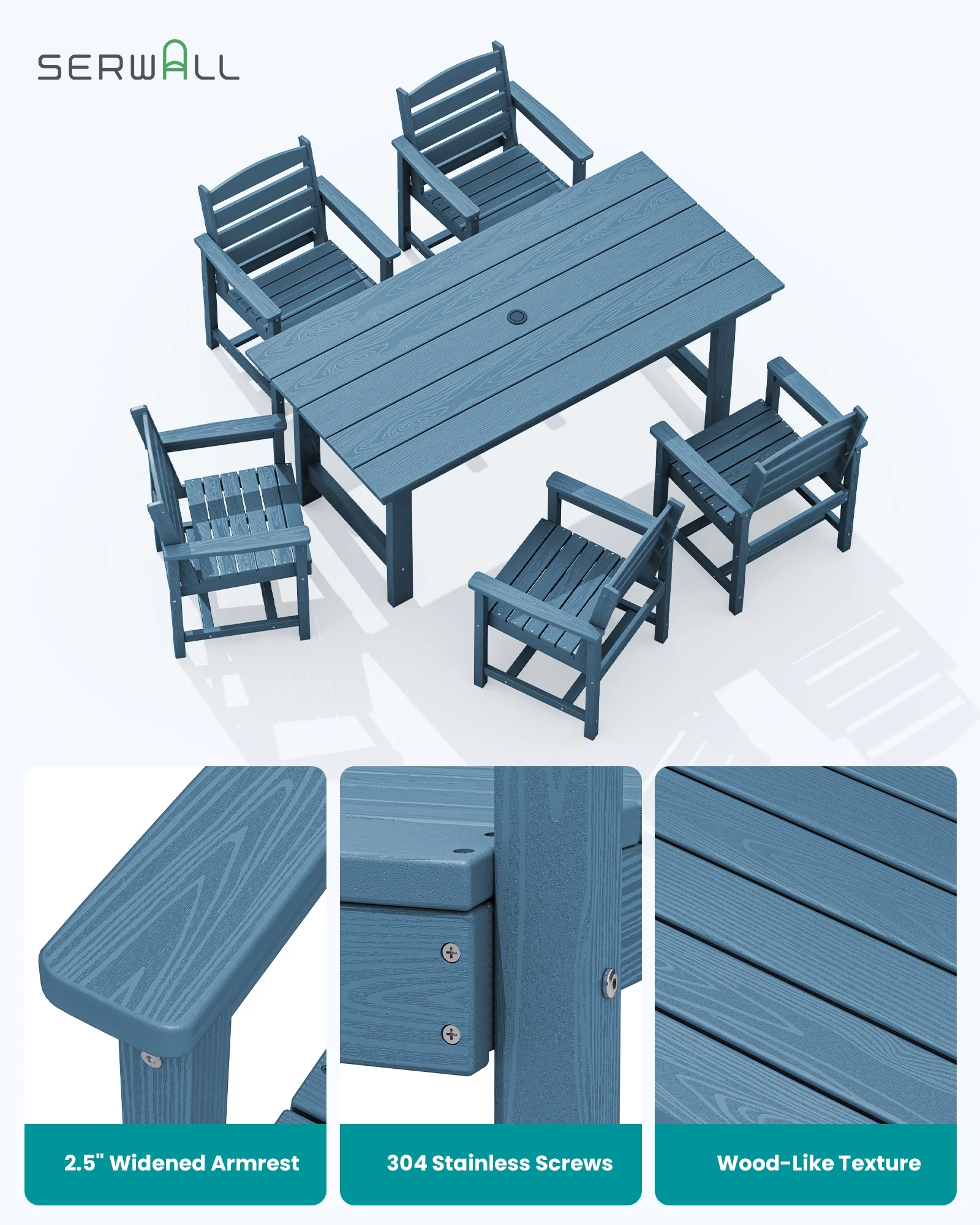 SERWALL Outdoor HDPE Dining Table Set, 7-Piece Outdoor Dining Table Sets with Umbrella Hole, Grey - Image 53