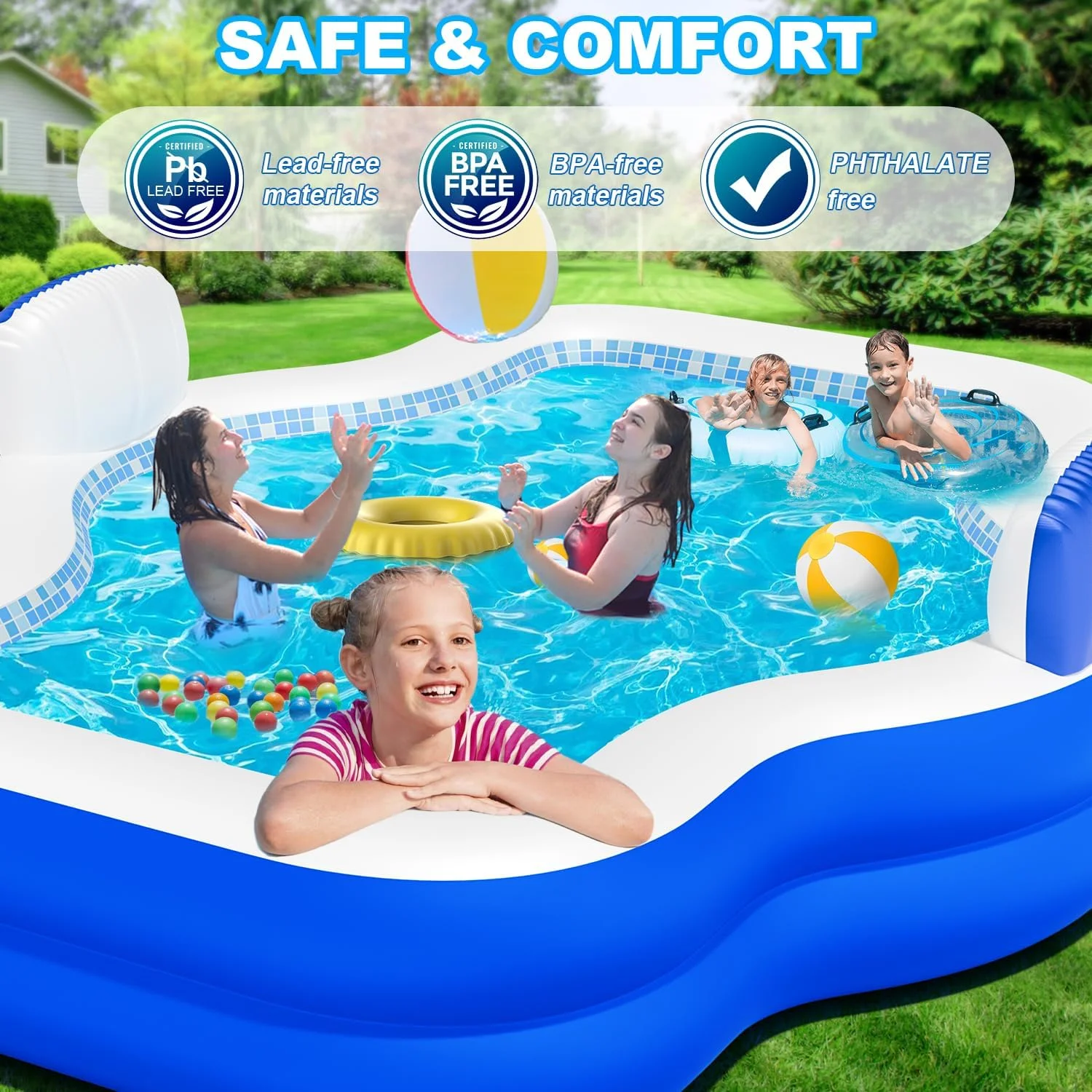 Large Inflatable Swimming Pool for Kids Adults, 121" X 90" X 22" Oversized Thickened Kiddie Pools Family Blow-Up Pool with Pump Seat, Inflatable Pools for Garden, Backyard, Indoor Outdoor Water Party - Image 6