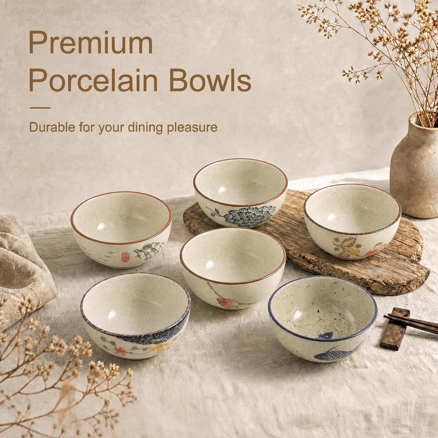 4.5 Inch Japanese Retro Dessert Bowls Set of 6, Ceramic Hand-painted Serving Bowsl Set for Cereal, Salads, Dessert, Ice Cream, Rice, Noodles, Dishwasher Microwave Safe