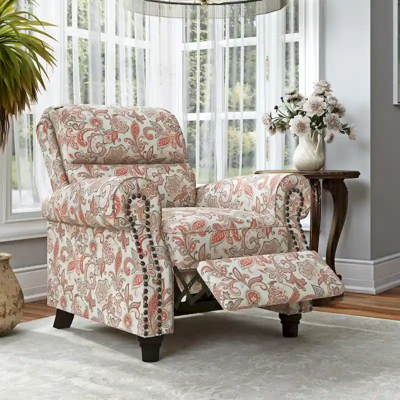 Push Back Recliner Chair with Padded Cushion and Solid Wood Legs