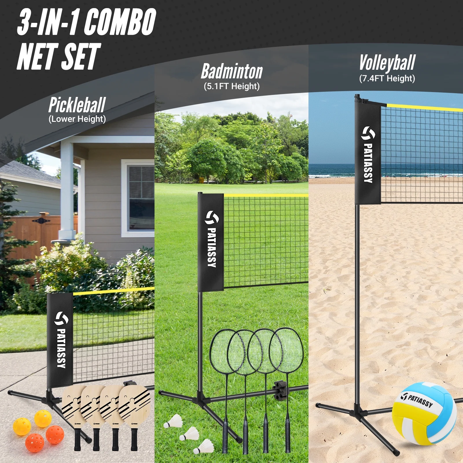 Patiassy 5.1ft-7.4ft Adjustable Height Volleyball Badminton Pickleball Net Set with Poles, 4 Rackets, 3 Shuttlecocks, 4 Pickleball Paddles , and Volleyball - Image 3