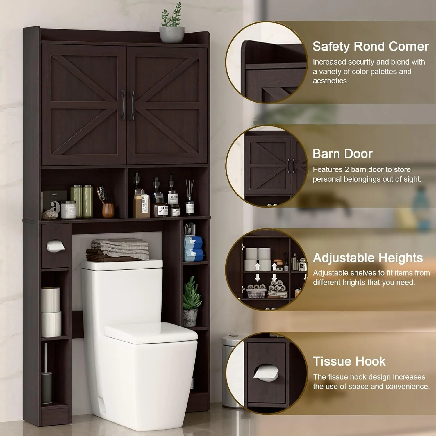 Vabches Over The Toilet Storage Cabinet with Toilet Paper Holder Stand, Above Toilet with Adjustable Shelf & 2 Doors - Image 18