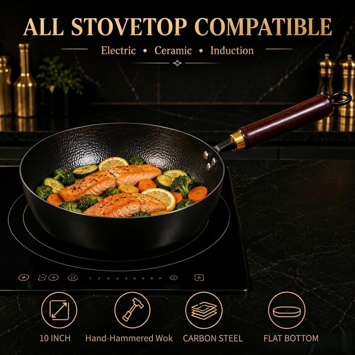 Calmabode Carbon Steel Wok with Lid, 10 Inch Hand Hammered Deep Flat Bottom Wok Pan, Pre-Seasoned Nitrided Stir Fry Pan, Detachable Handle, Oven Safe, All Stovetops, Induction Compatible