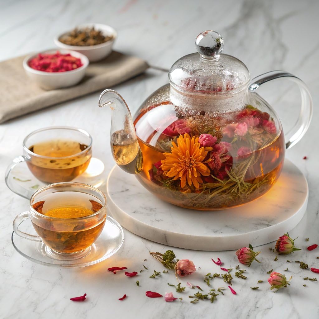 Creano Blooming Tea Gift Set with Glass Teapot 17oz (500ml) - Green Tea Fruity Flavoured Tea Flowers in 6 Varieties - Flowering Tea Gift for Easter
