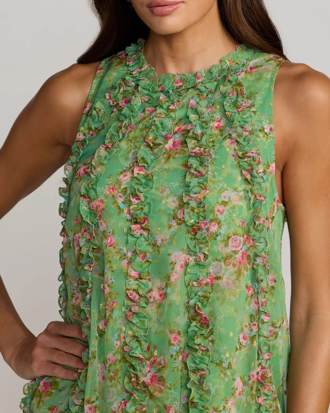 Green Sleeveless Floral Chiffon Micro Ruffle Trapeze Midi Dress - Special Events Unlimited