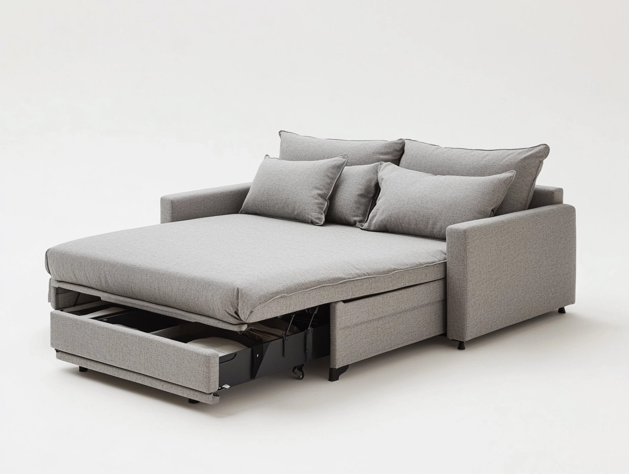 Sofá cama doble gris de lino mezcla con almacenamiento y cojines