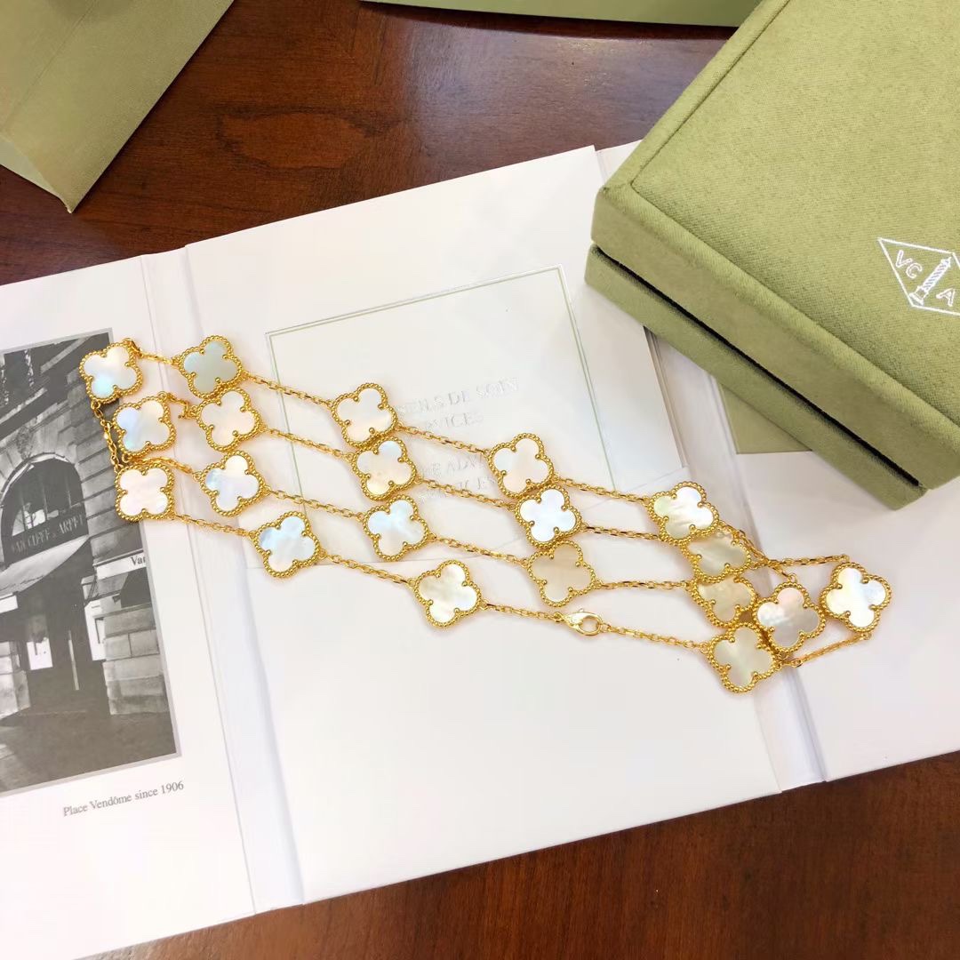 VCA Yellow Gold White Clover Vintage Alhambra Long Necklace, 20 Motifs - Original Replica Club