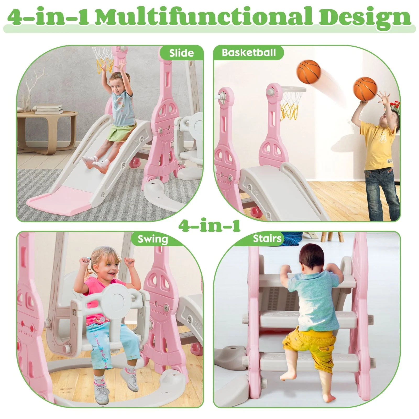Ealing 4 in 1 Slide and Swing Set for Toddler Indoor and Outdoor Baby Slide Climber Playset with Basketball Hoop & Backyard Playground Swing Slide for Boys and Girl Slide length: 11.02' L Pink - Image 7