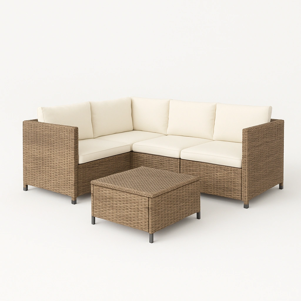Conjunto de muebles de jardín con sofá en esquina, beige y marrón, ratán y tela, exterior
