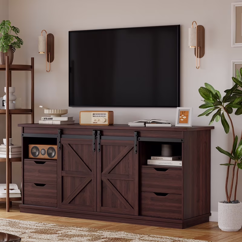 Vineego 70 inch Farmhouse TV Stand for Living Room, Entertainment Center with Sliding Barn Doors & 4 Storage Drawers, Adjustable Shelves Rustic Media Console for Bedroom,White - Image 3