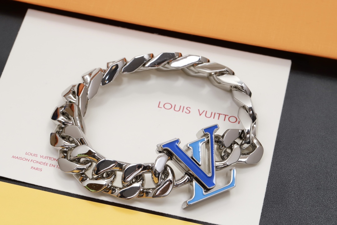 Louis Vuitton Silver Chunky Cuban Chain Blue LV Men's Bracelet - Original Replica Club
