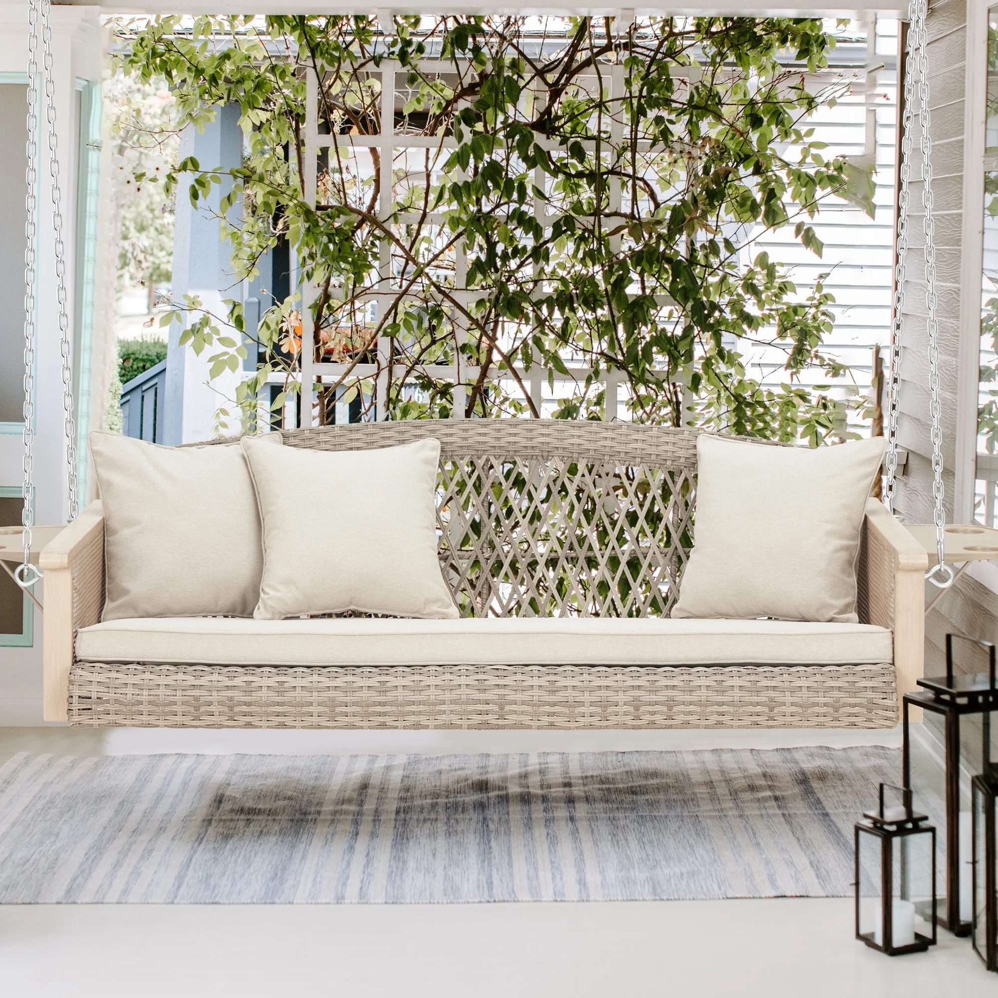 Homrest 3-Person Porch Swing 55in Wicker Hanging Swing Bench with Cushions and Cupholders for Deck, Garden and Backyard, Beige - Image 6