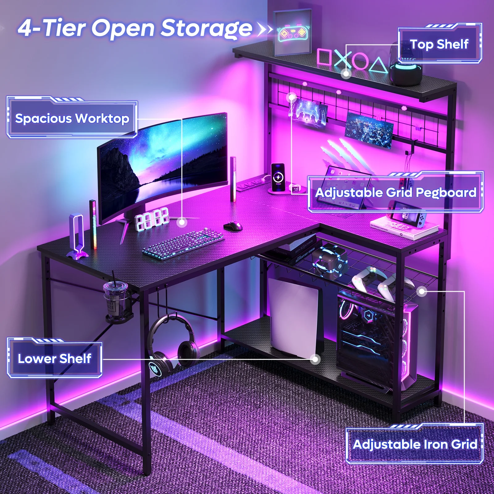 Bestier 51 L Shaped Gaming Desk with Power Outlets & LED Light, Computer Desk with 4 Tiers Shelves for Home Office, Reversible Gamer Table with Hooks and Cup Holder, Carbon Fiber - Image 10