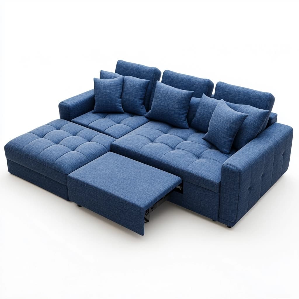Sofá Modular Tapizado en Tela Azul con Chaise Longue Convertible en Cama y Almacenamiento 250x150x90 cm