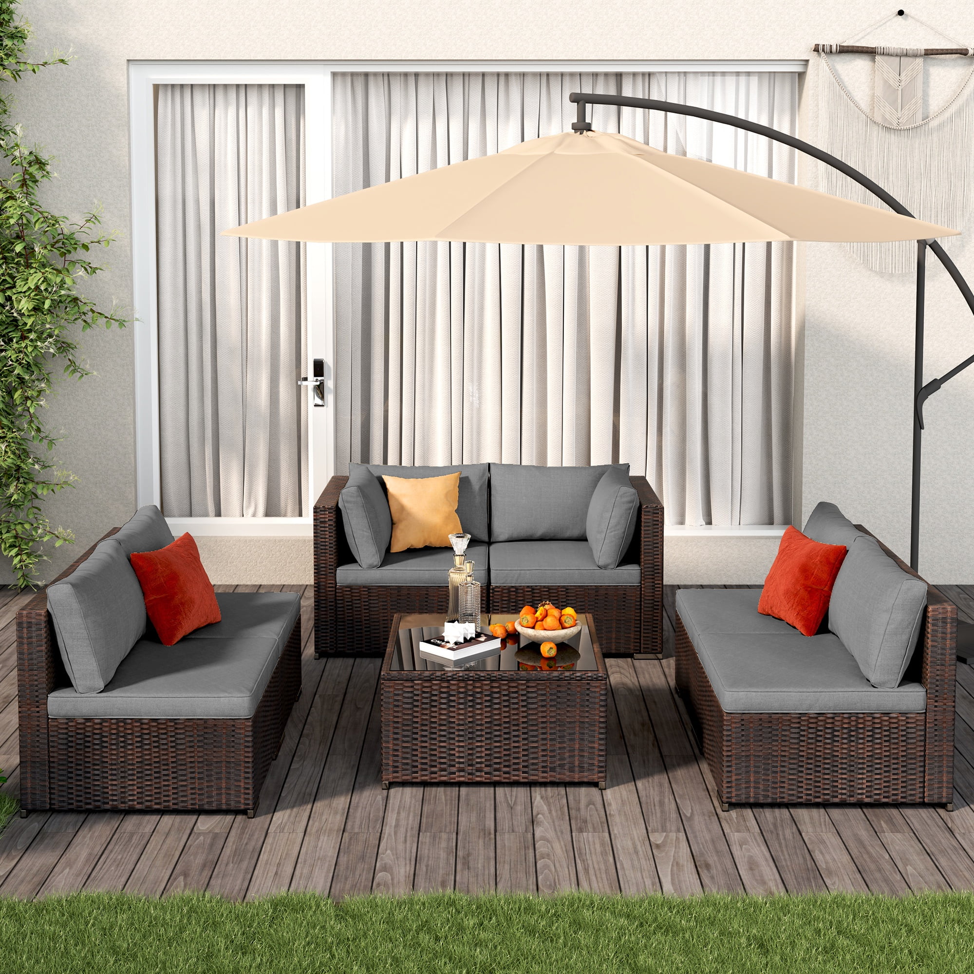 Patio Furniture Set on Sale, Lofka 7-Piece Outdoor Sectional Furniture Set with Glass Coffee Table Garden, Gray - Image 5