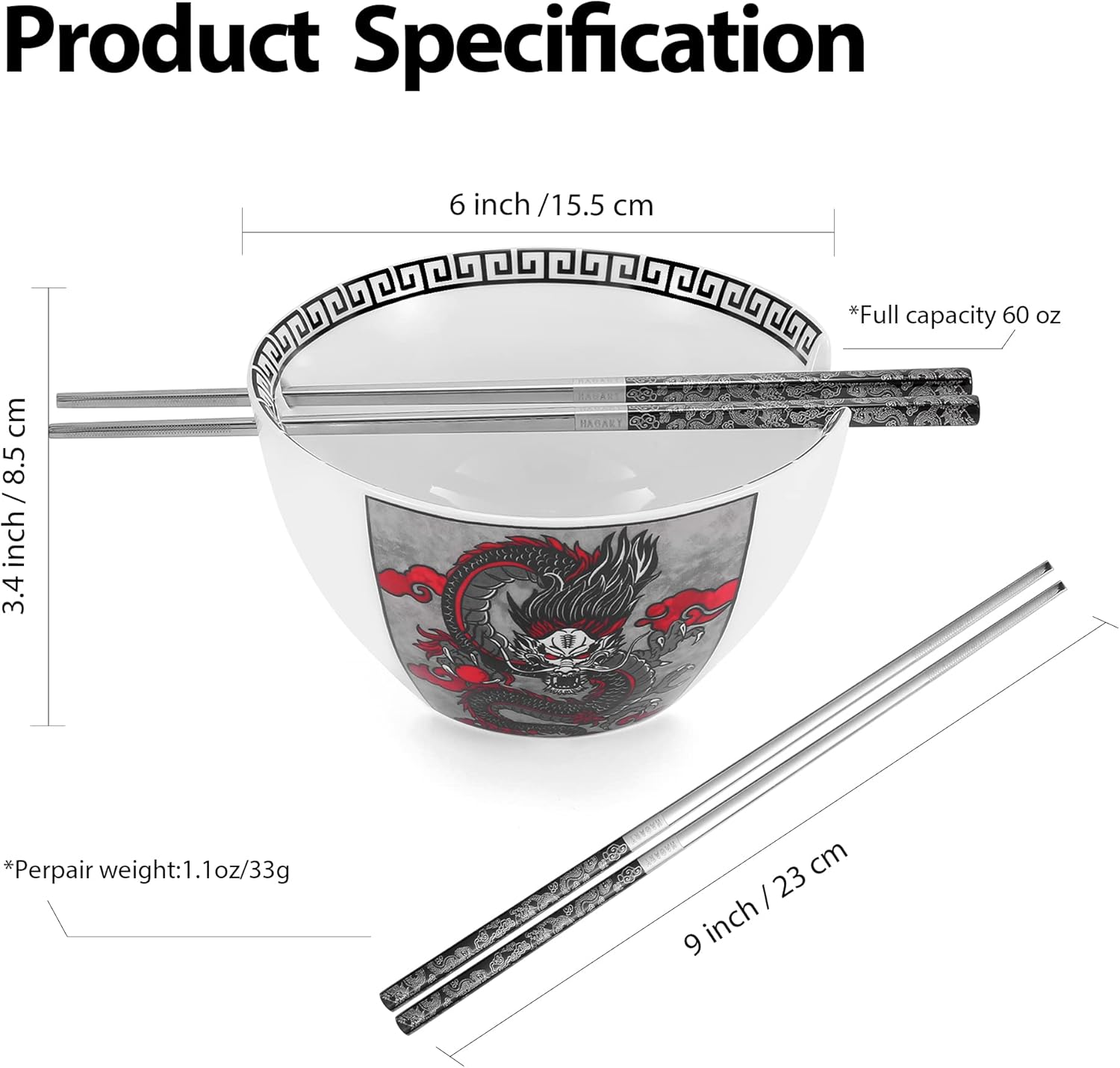 Hagary Dragon Ceramic Bowls Japanese Korean Soup Bowl Pasta Salad Dessert Serving Bowls Housewarming Wedding Gifts Designed in Korea (With Chopsticks) (Black, 20 oz - 1pc)