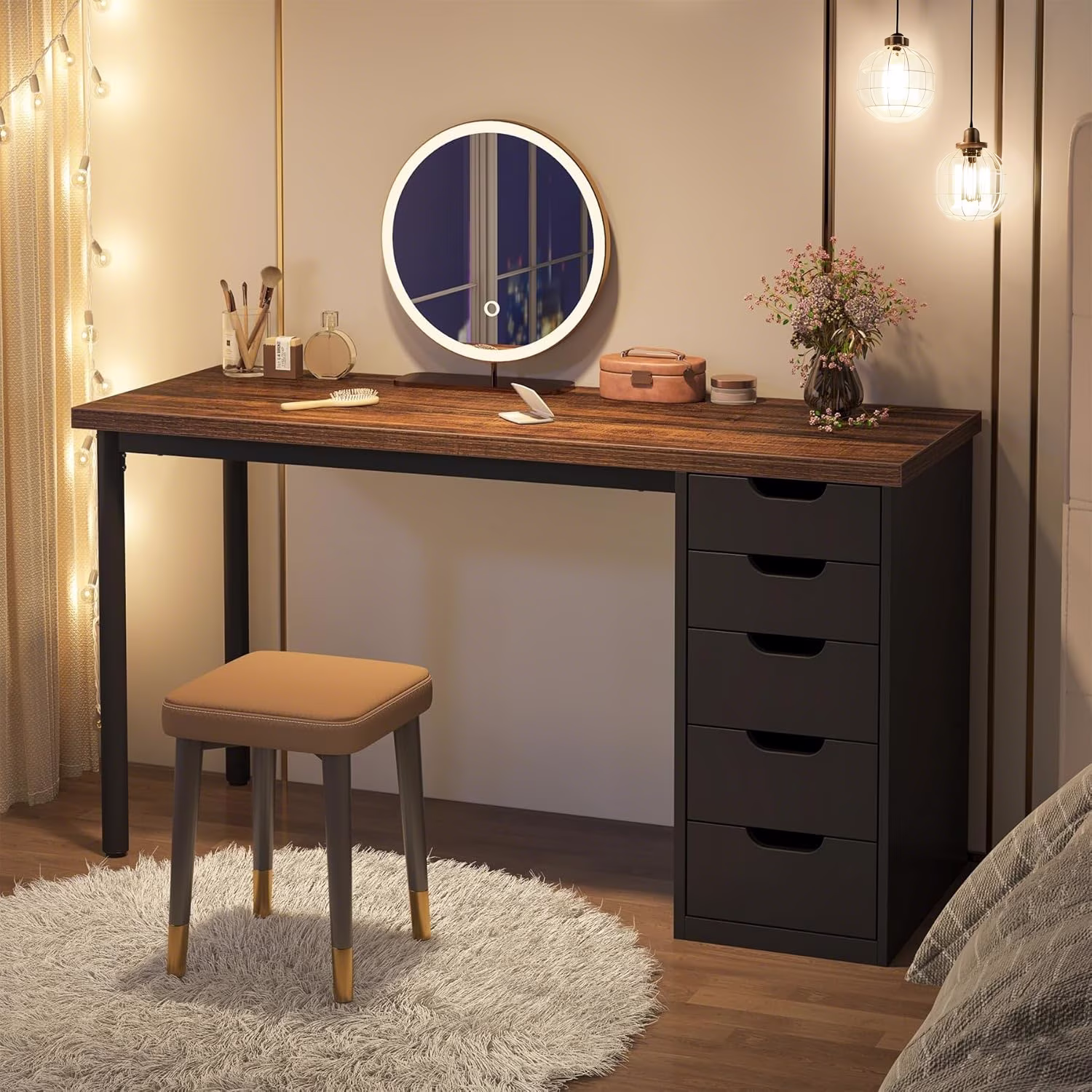 Tribesigns 47 inches Vanity Desk with 5 Drawers, Rustic Makeup Dressing Table with Storage, Modern Simple Computer Desk for Women, Girls (Brown) - Image 5