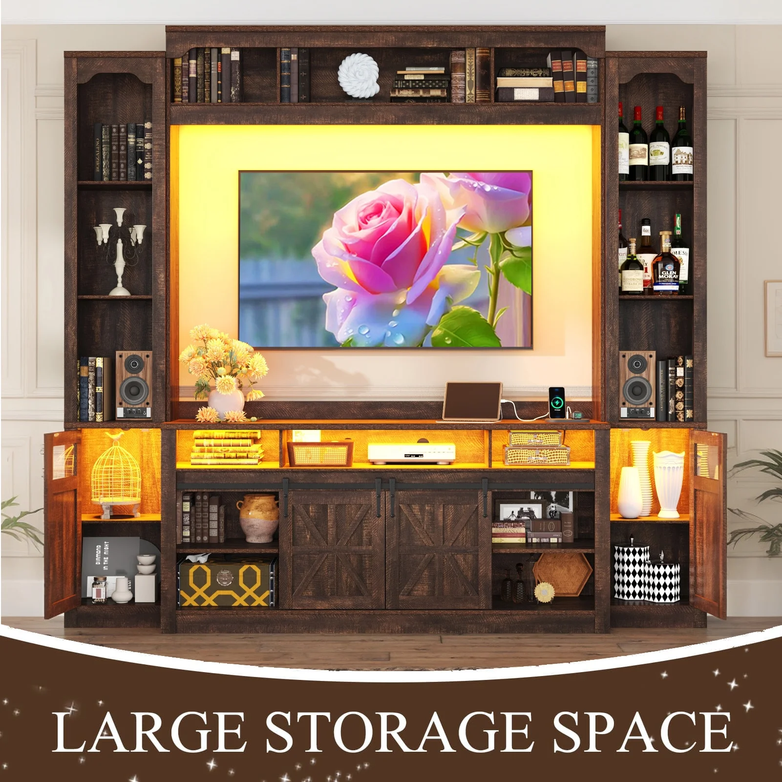 Farmhouse Wall Unit TV Stand with Storage for TVs up to 75", Large Entertainment Center with Bookshelves, LED Light & Power Outlet for Living Room - Image 10