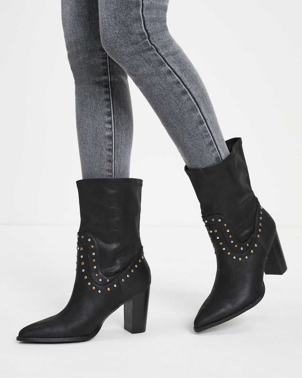 Dina Studded Faux Leather Heeled Boot - Black - Se7enfashion