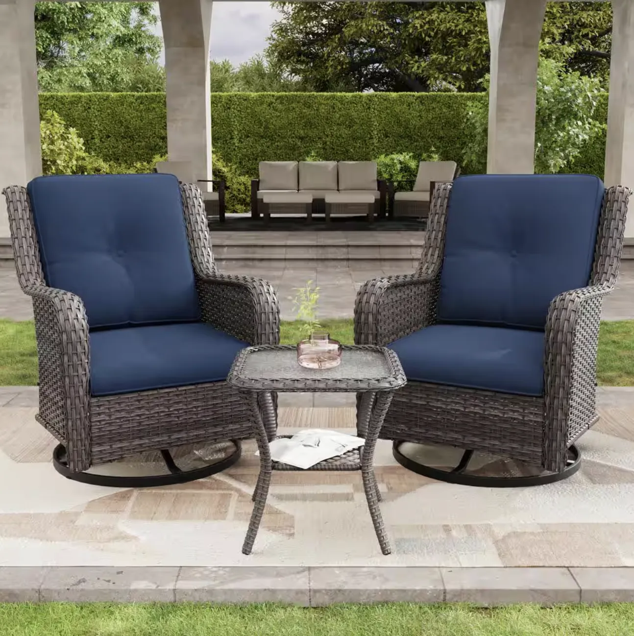WAYFAIR Wicker Patio Swivel Outdoor Rocking Chair Set With Cushions And Table (Set Of 3)
