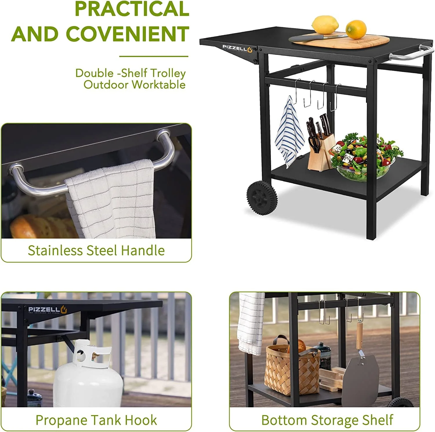 Pizzello Outdoor Grill Pizza Oven Food Prep Bbq Cart Stand Table with Storage Wheels Expandable Countertop, Black - Image 7