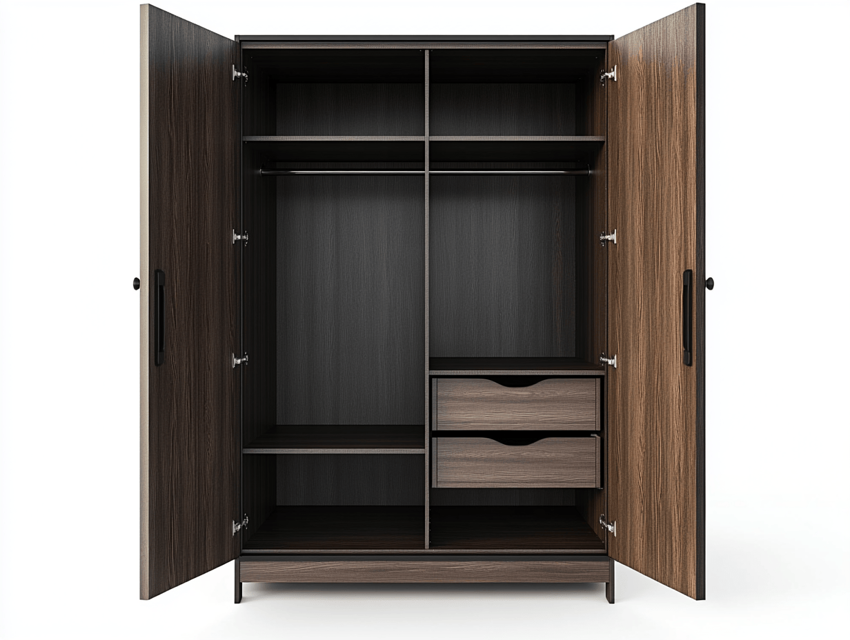 Armario de madera con 2 puertas – 120×58×198 cm – color nogal oscuro y roble – con estantes, barra y 2 cajones – estilo moderno