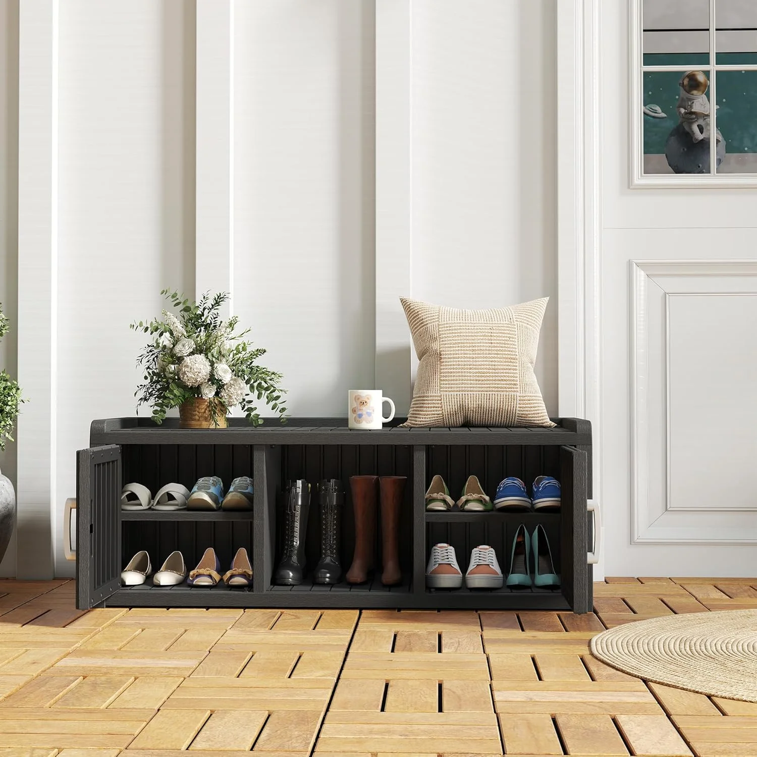 KAMABOKO Outdoor Shoe Storage Cabinet, Waterproof UV-Resistant Entryway Storage Bench Indoor Outdoor with 2 Barn Doors, Adjustable Shelves for Entryway, Bedroom, Hallway,Living Room(Black) - Image 19