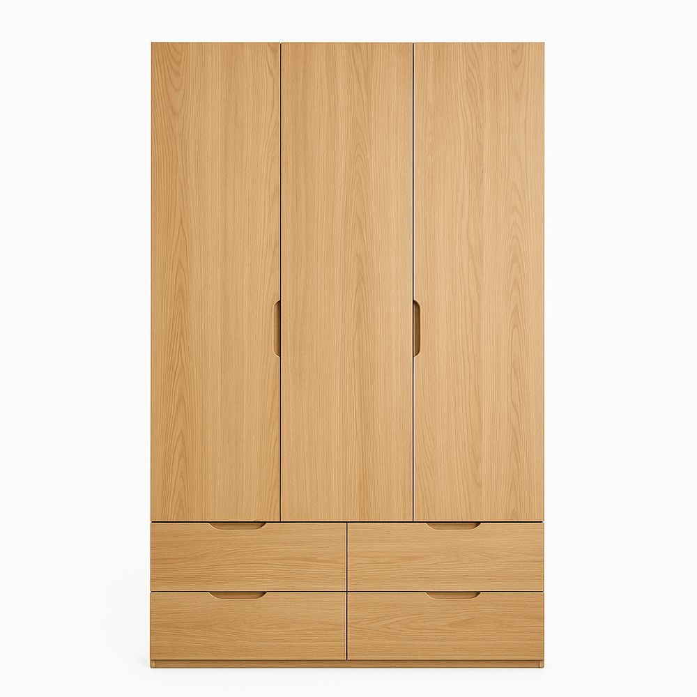 Armario de Tres Puertas con Cajones, Madera Natural, Almacenamiento Elegante para Dormitorio, Diseño Moderno, Ideal para Organizar Ropa